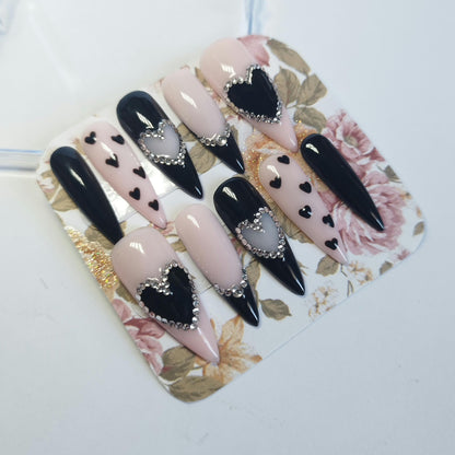 Elegant Black & Nude Hearts Press-On Nails