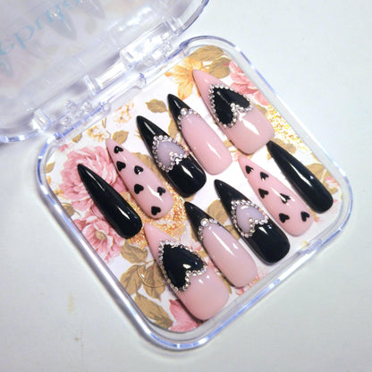 Elegant Black & Nude Hearts Press-On Nails