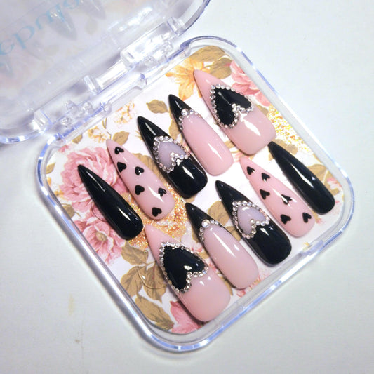 Elegant Black & Nude Hearts Press-On Nails
